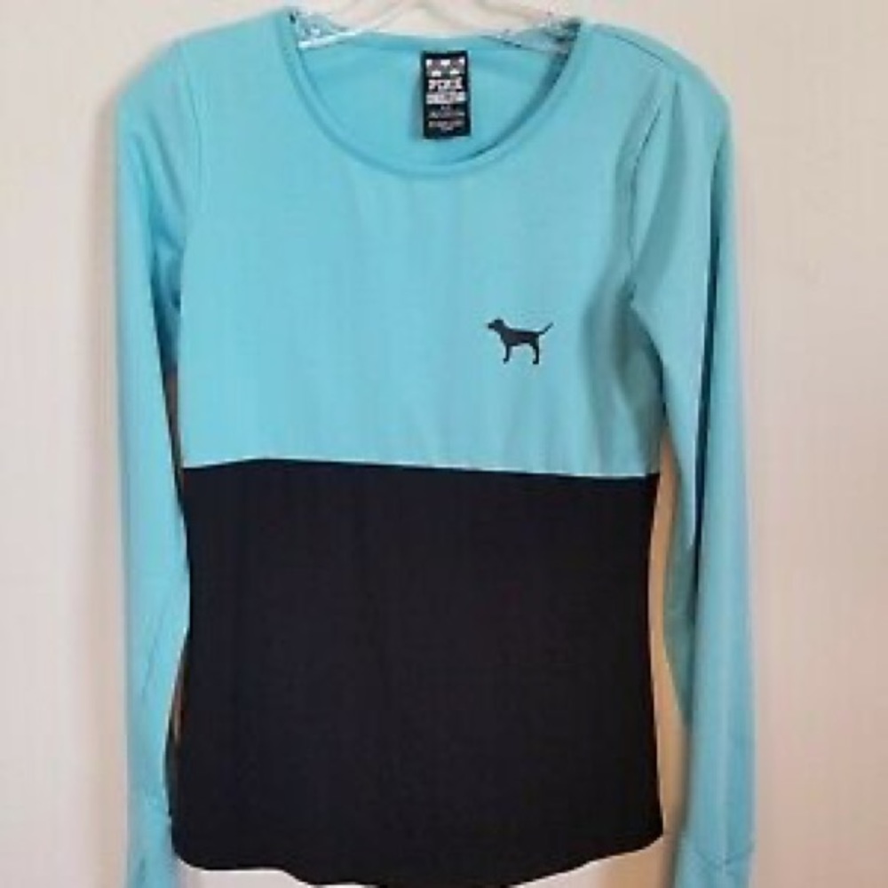 Victoria Secret Pink Ultimate Blue and Black Long Sleeve Shirt with Thumb Holes